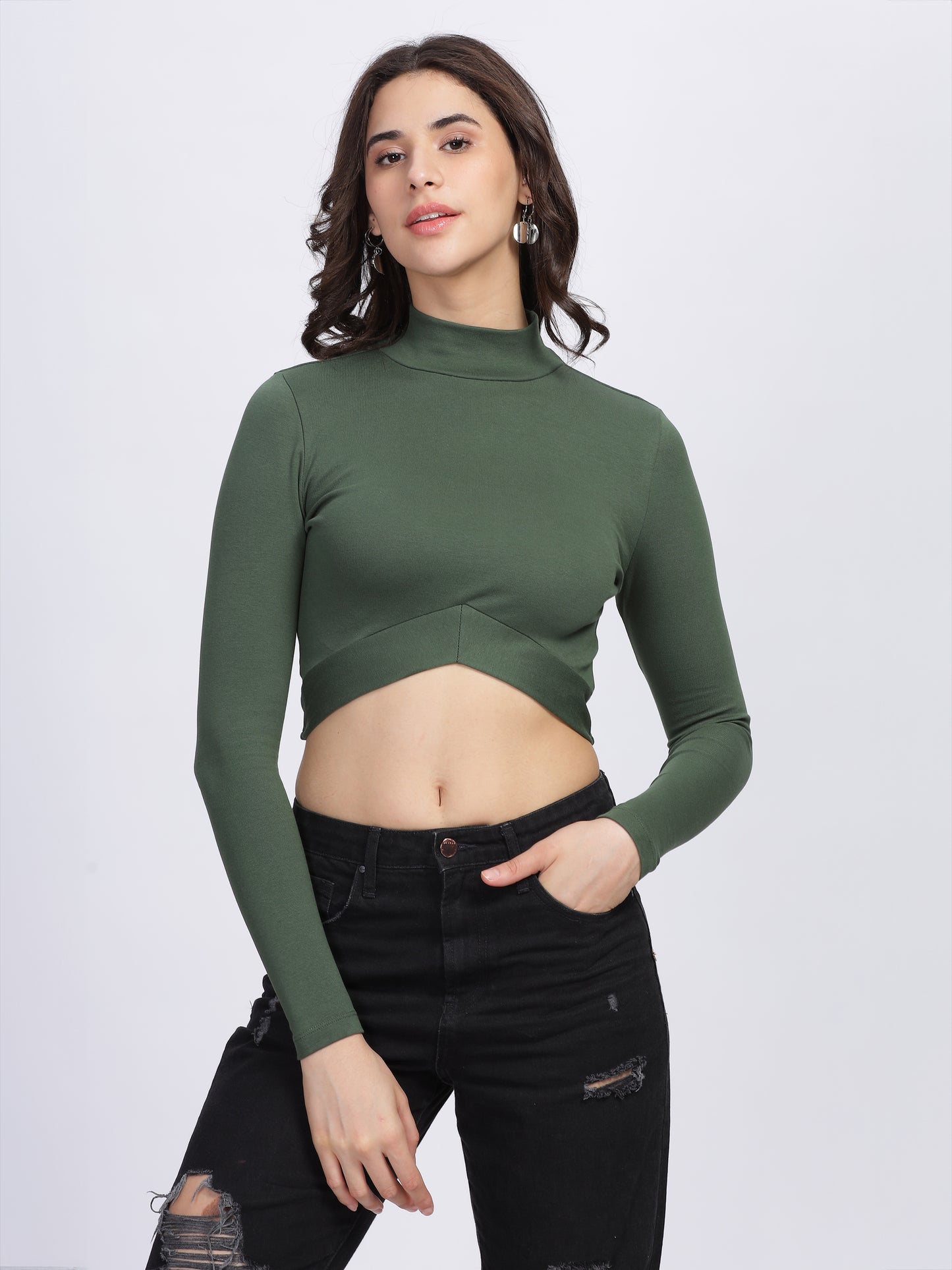 Women Crop Top, Full Sleeve, Cotton Lycra, Green