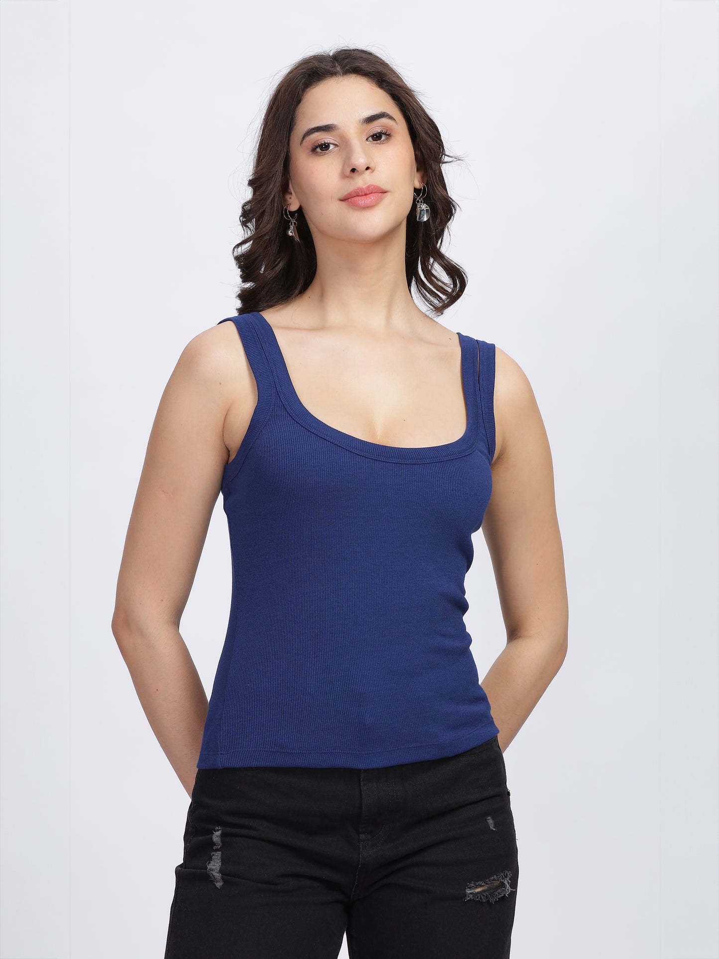 Women Vest Crop Top, Sleeveless, Poly Viscose Lycra, Daylight Blue