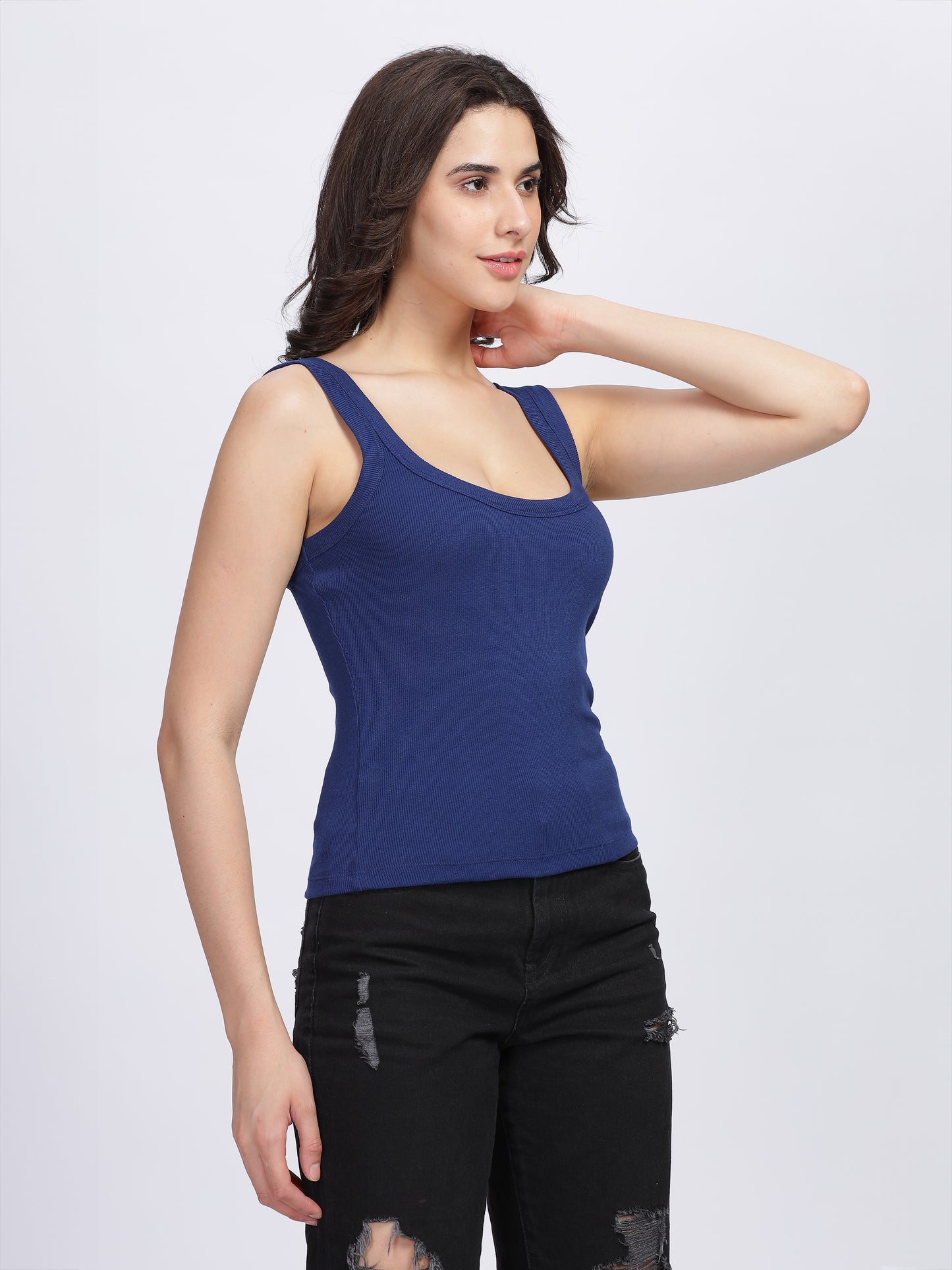 Women Vest Crop Top, Sleeveless, Poly Viscose Lycra, Daylight Blue