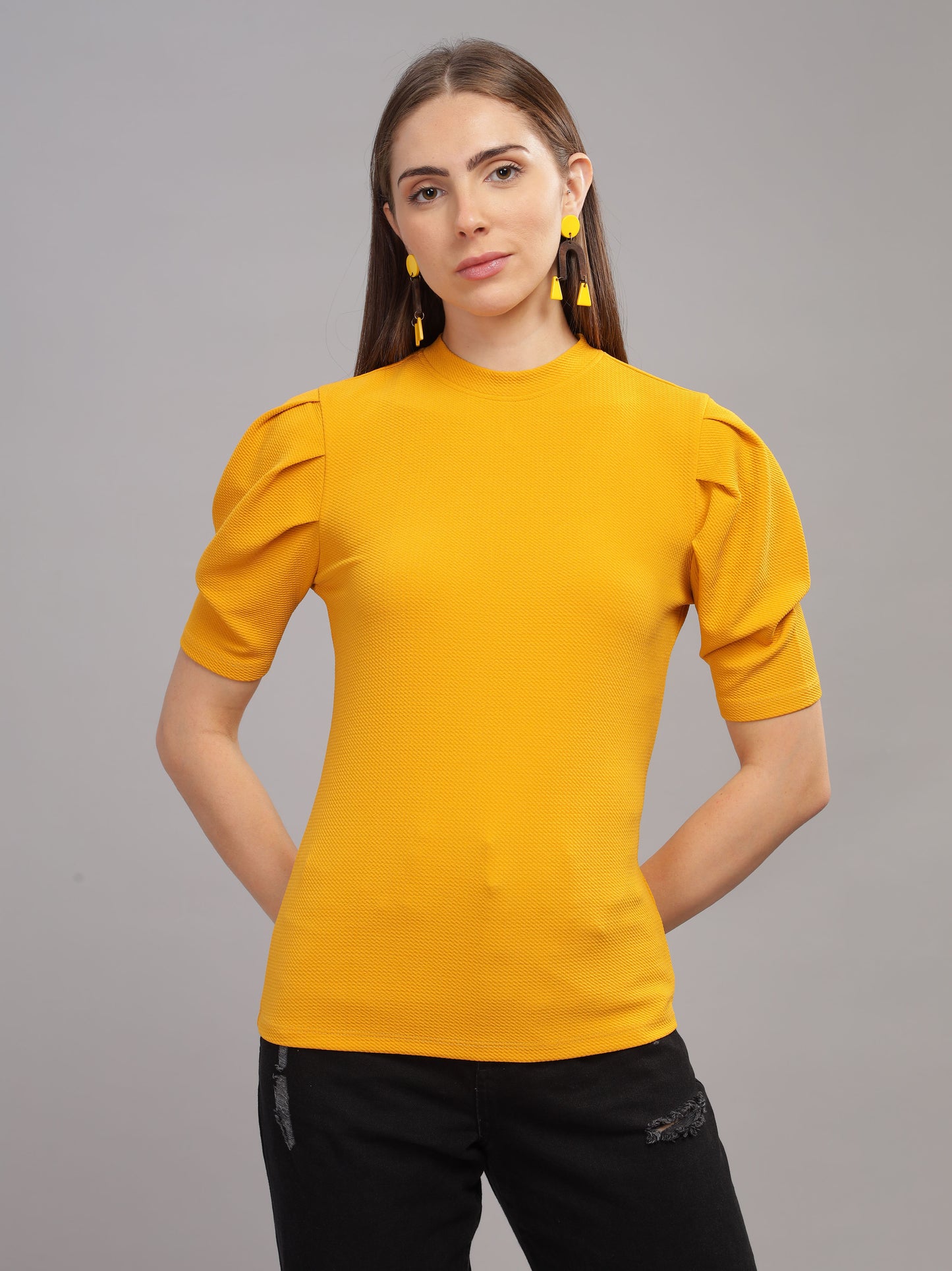 Women Karara Top, Short Sleeve, Polyester, Mustard SILISOUL