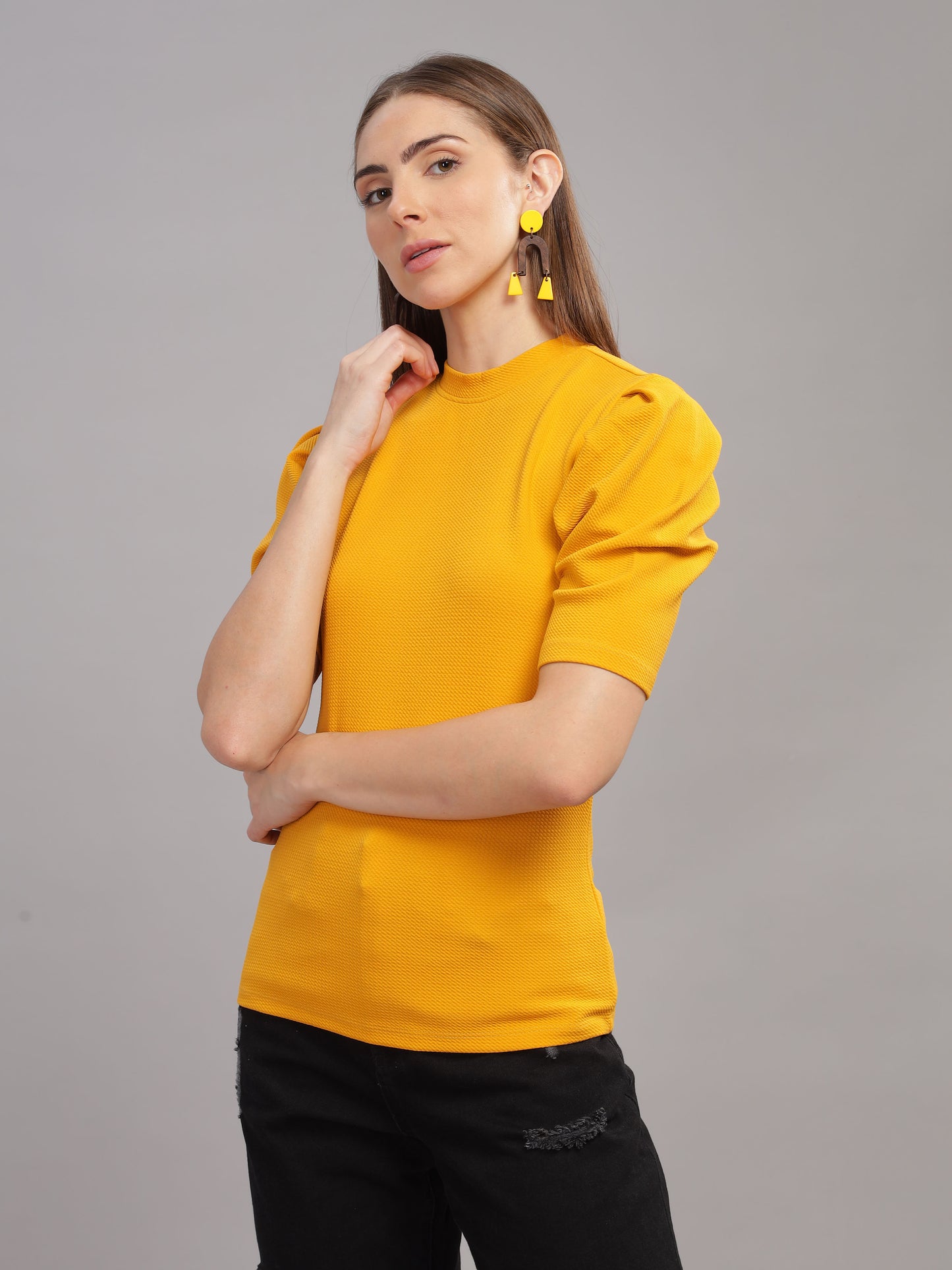 Women Karara Top, Short Sleeve, Polyester, Mustard SILISOUL