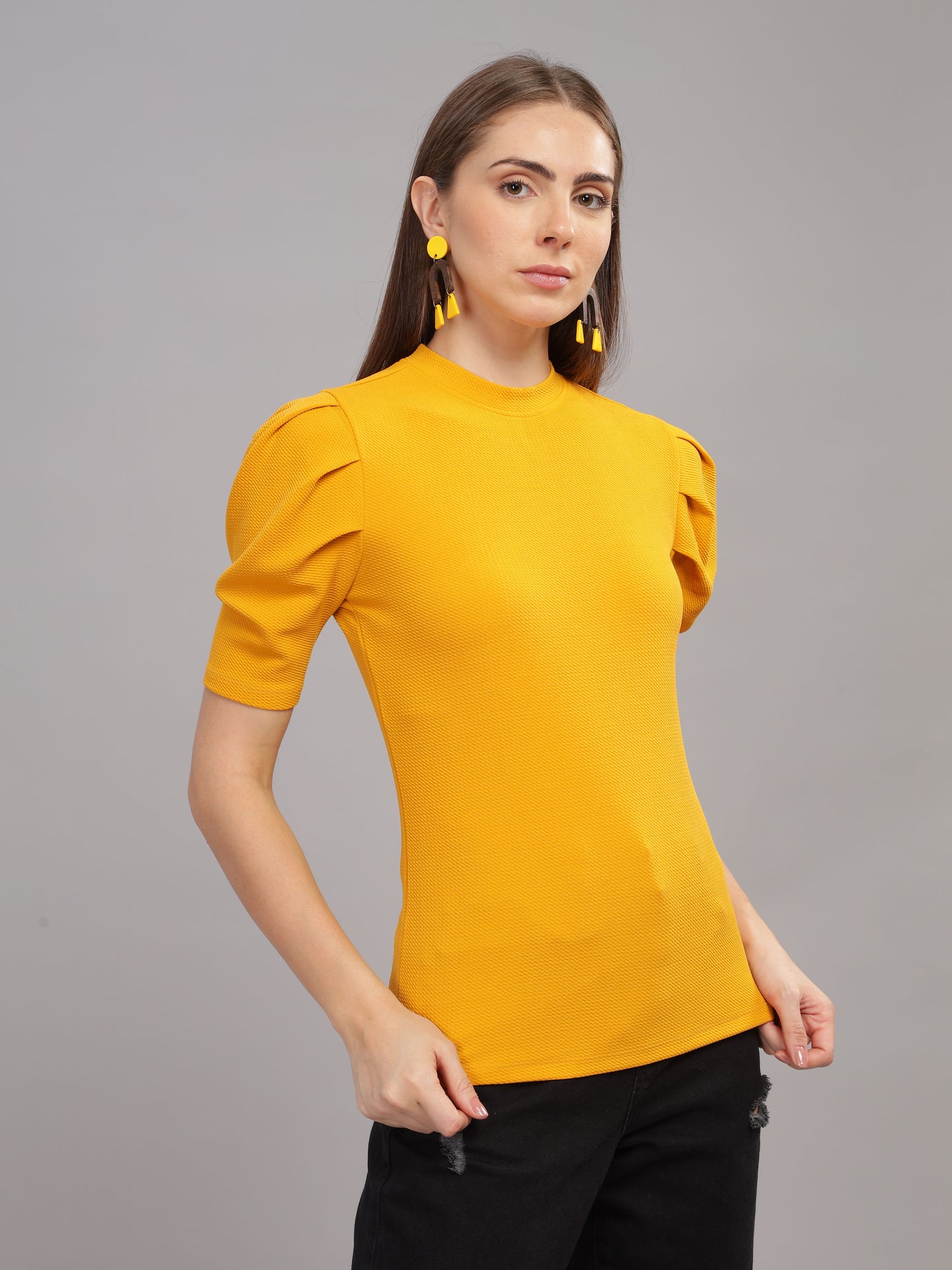 Women Karara Top, Short Sleeve, Polyester, Mustard SILISOUL