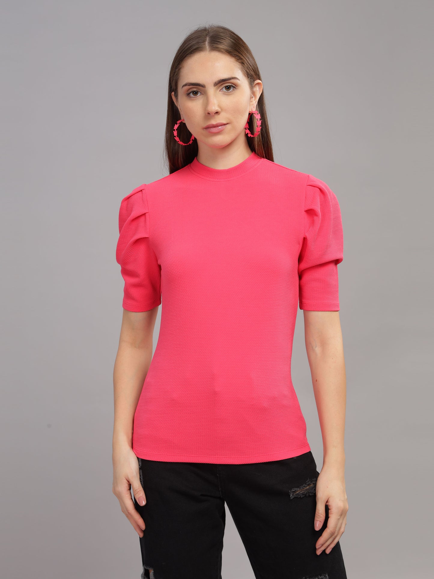 Women Karara Top, Puff Sleeve, Polyester, Pink SILISOUL