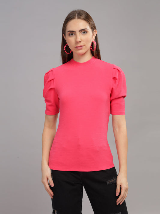 Women Karara Top, Puff Sleeve, Polyester, Pink
