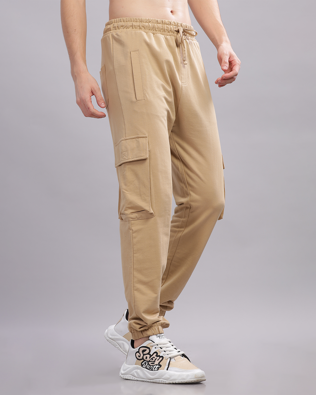 Men Cotton Regular Fit Cargo joggers, Beige