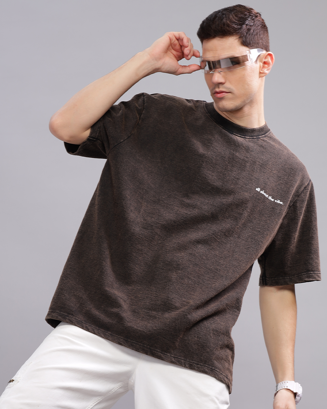 Men Acid Washed Brown Solid Oversized T-Shirt