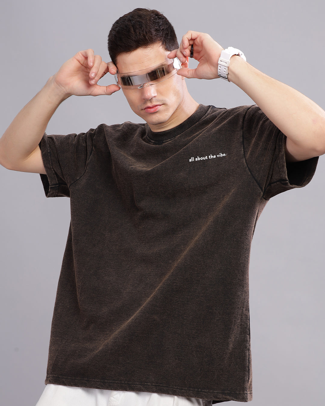 Men Acid Washed Brown Solid Oversized T-Shirt