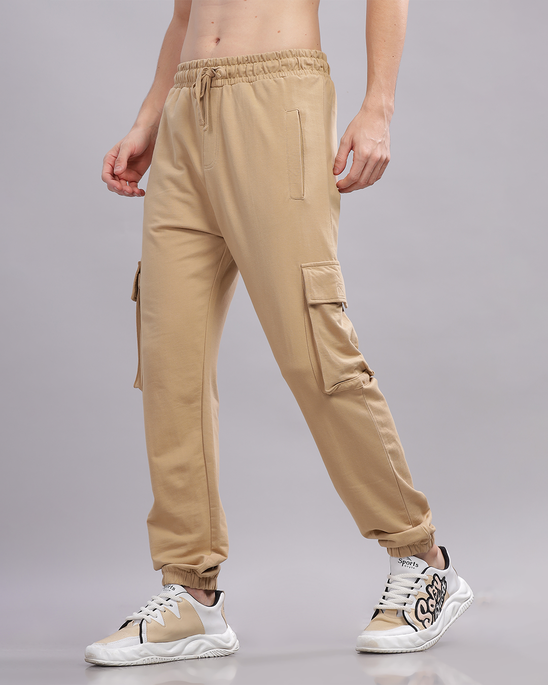 Men Cotton Regular Fit Cargo joggers, Beige