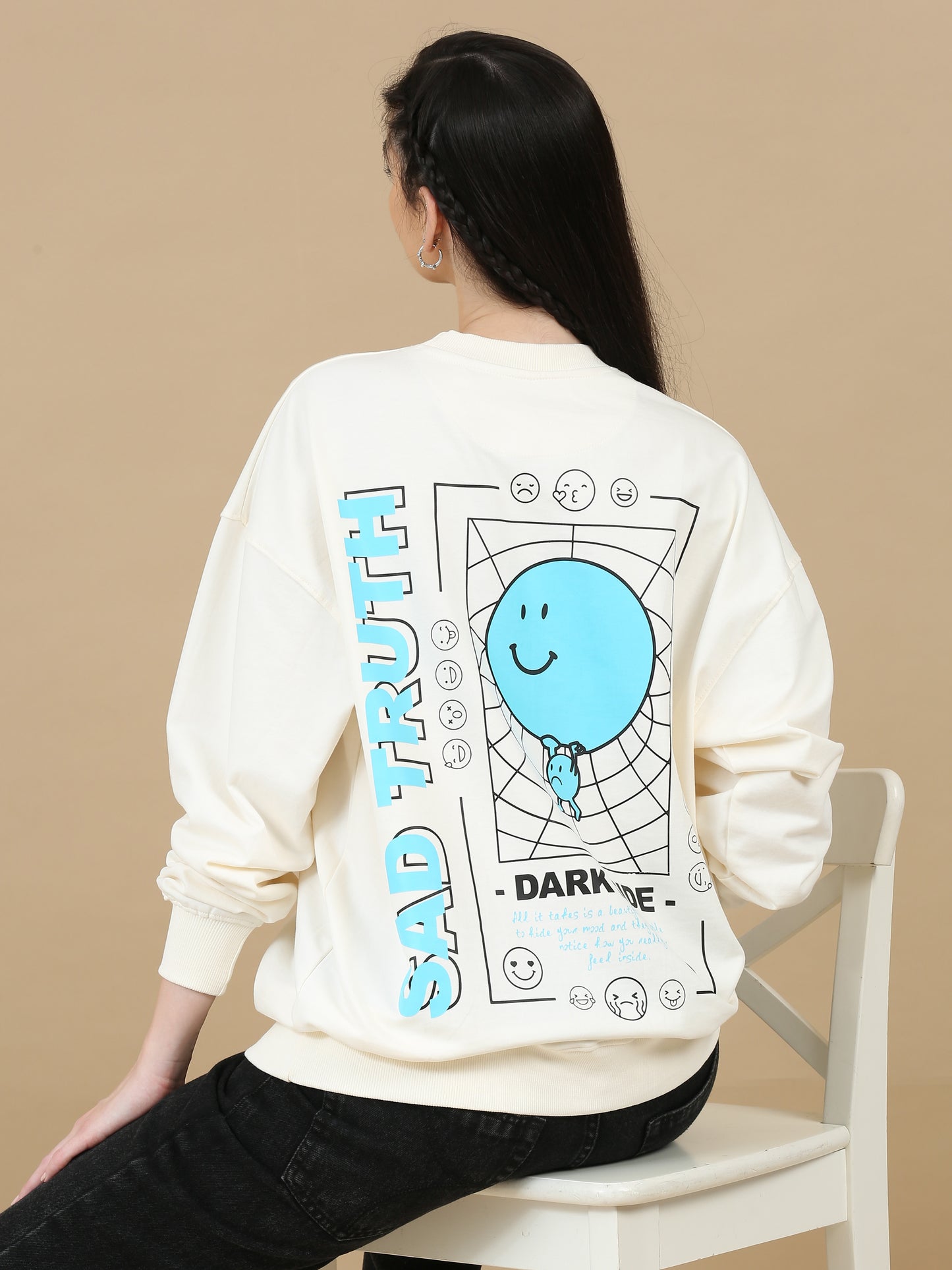 Women Printed Oversized Sweatshirt Pure Cotton Full Sleeve Offwhite SILISOUL