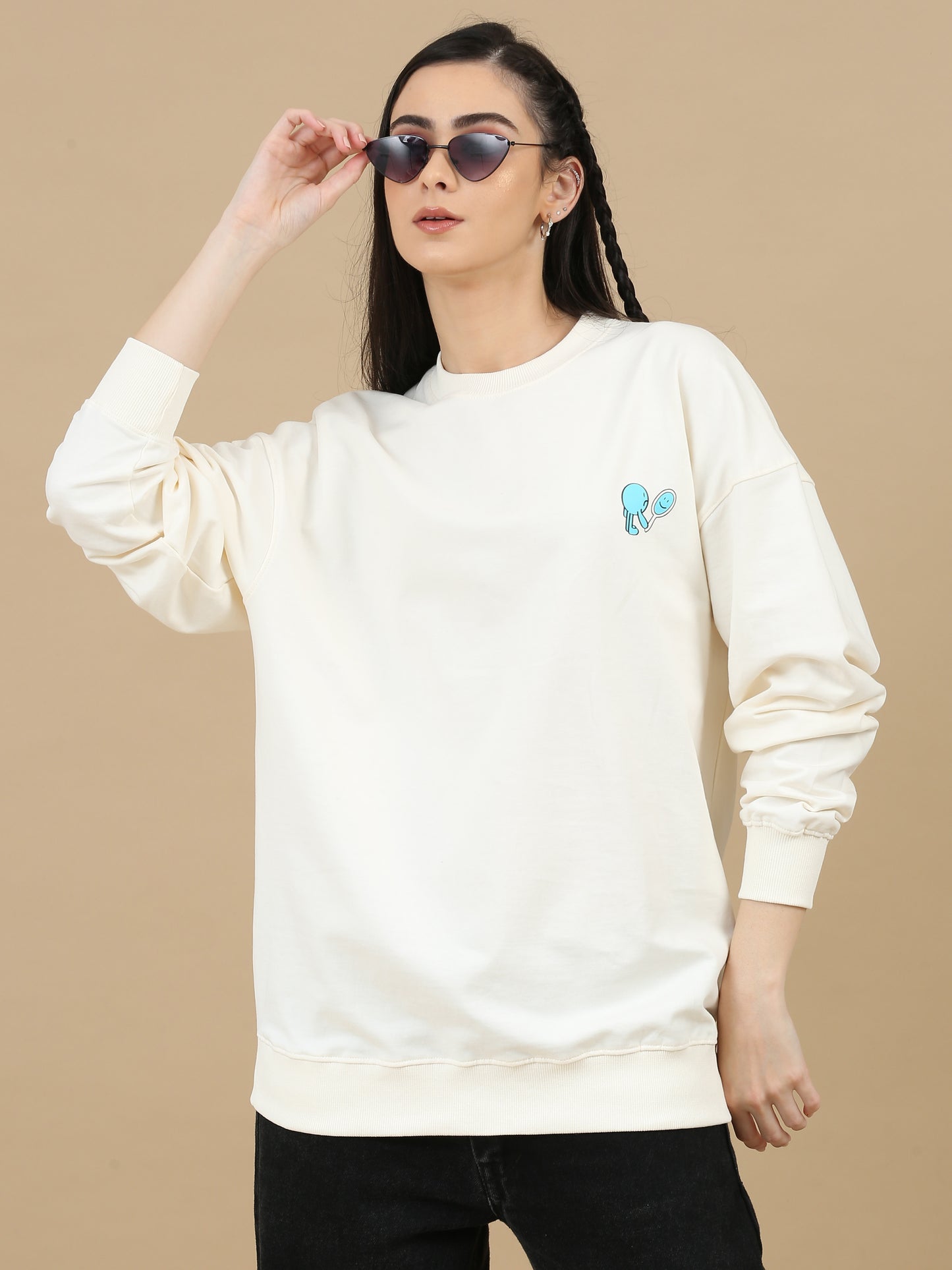 Women Printed Oversized Sweatshirt Pure Cotton Full Sleeve Offwhite SILISOUL