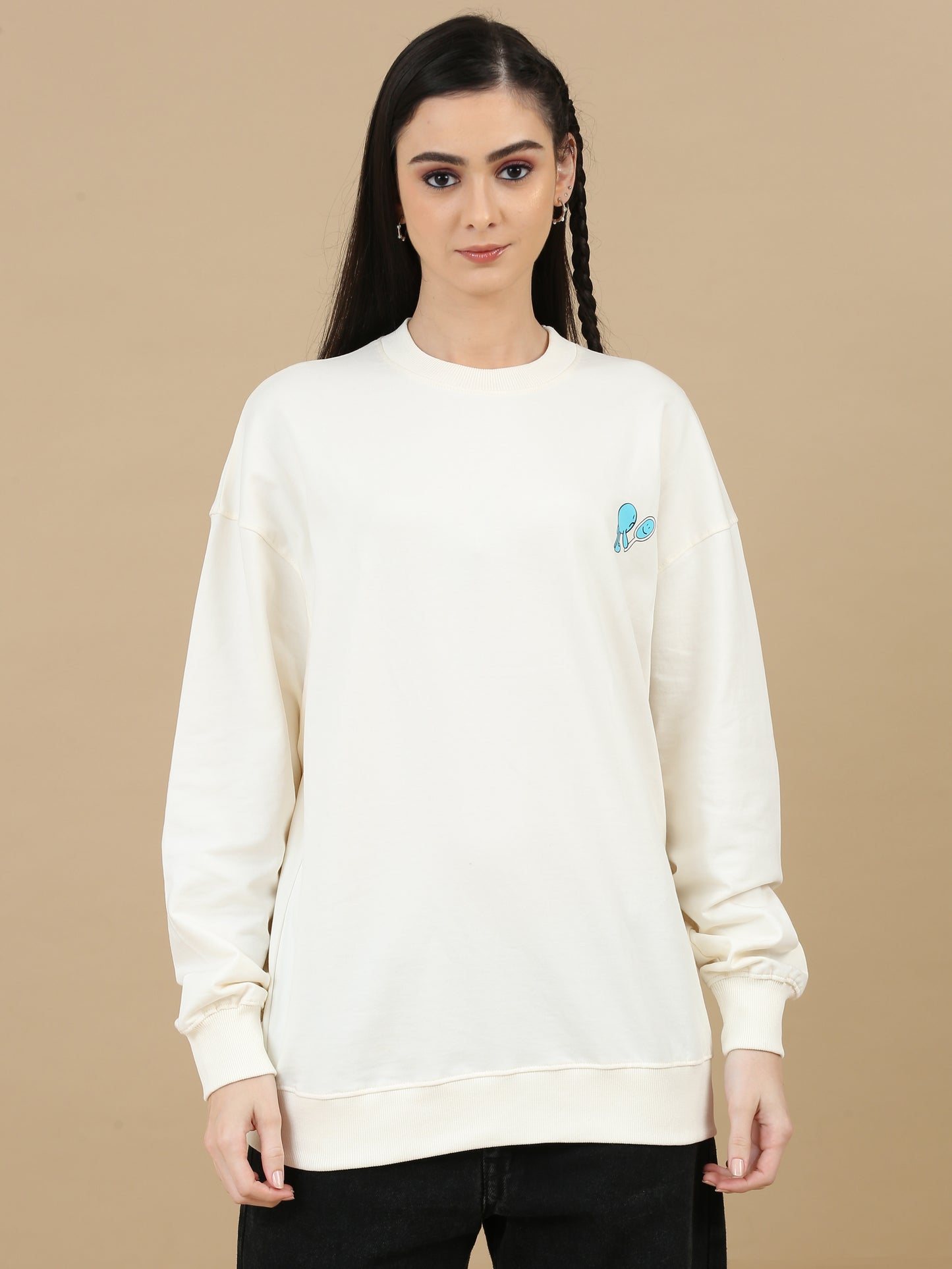 Women Printed Oversized Sweatshirt Pure Cotton Full Sleeve Offwhite