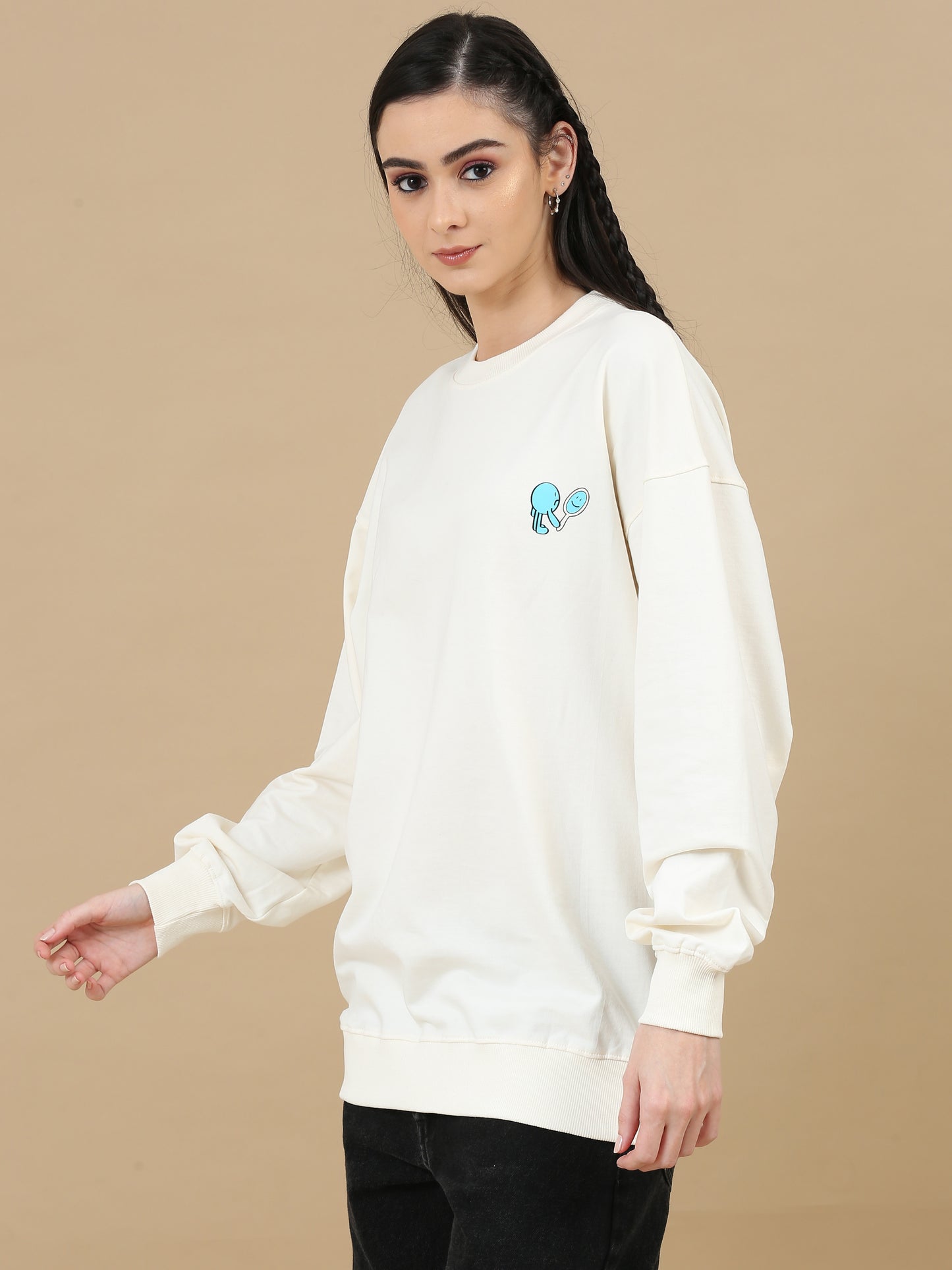 Women Printed Oversized Sweatshirt Pure Cotton Full Sleeve Offwhite