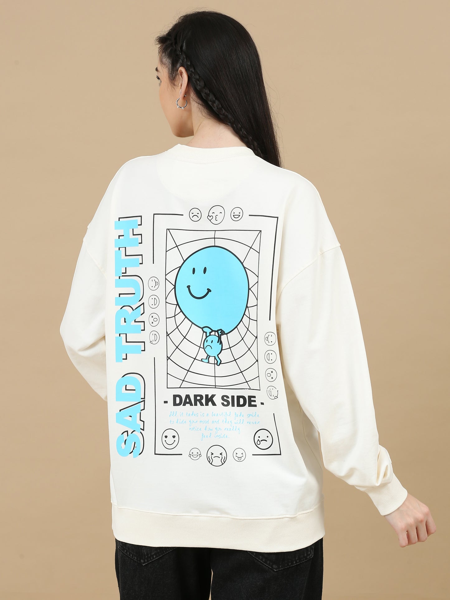 Women Printed Oversized Sweatshirt Pure Cotton Full Sleeve Offwhite SILISOUL