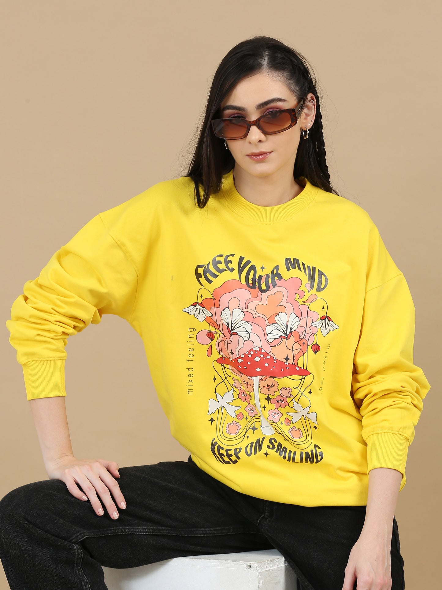 Women Printed Oversized Sweatshirt Pure Cotton Full Sleeve Yellow