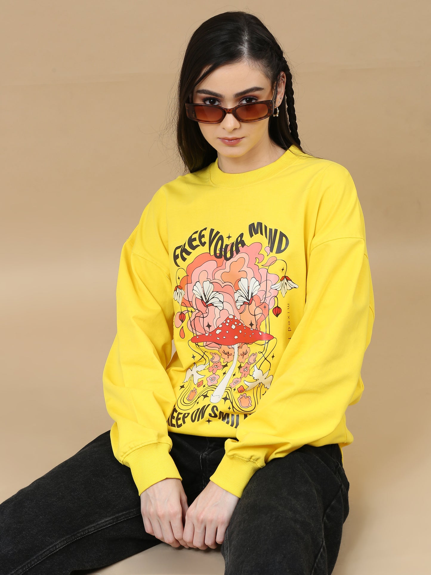 Women Printed Oversized Sweatshirt Pure Cotton Full Sleeve Yellow