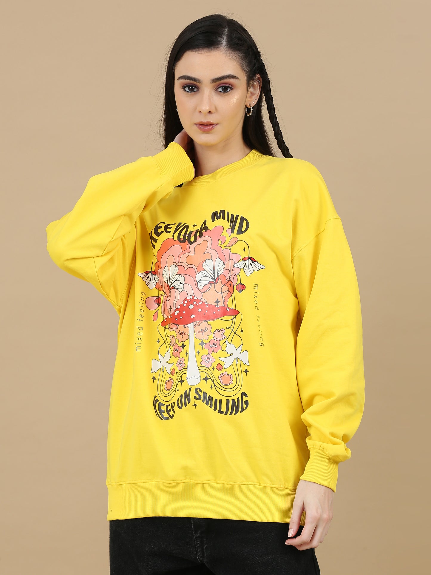 Women Printed Oversized Sweatshirt Pure Cotton Full Sleeve Yellow