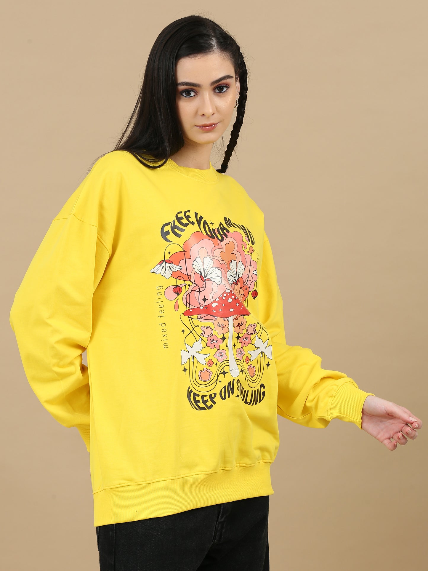 Women Printed Oversized Sweatshirt Pure Cotton Full Sleeve Yellow