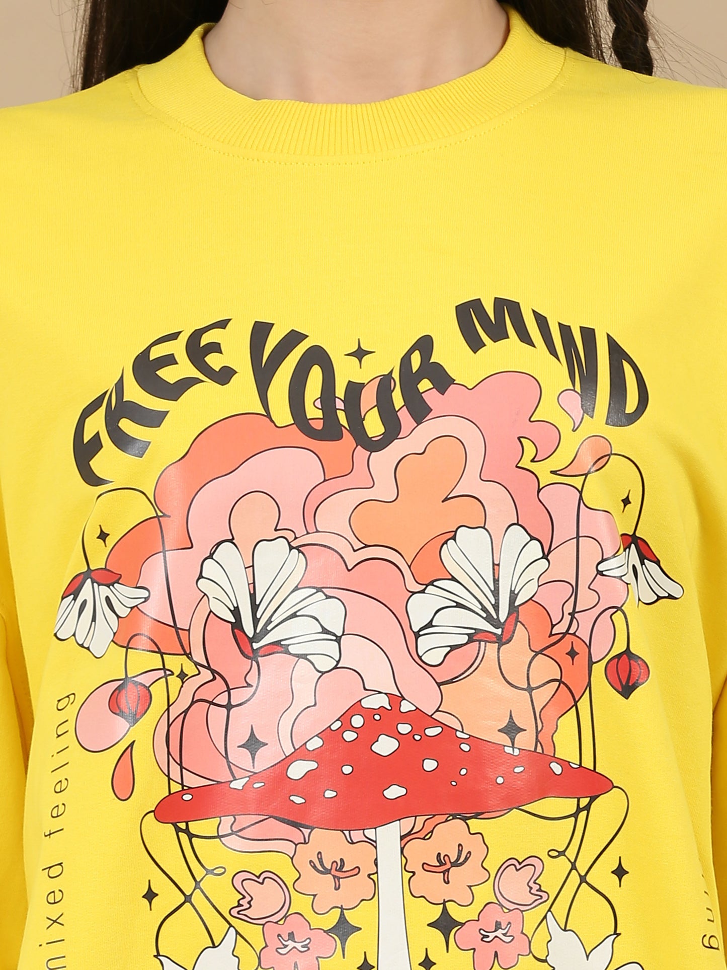 Women Printed Oversized Sweatshirt Pure Cotton Full Sleeve Yellow