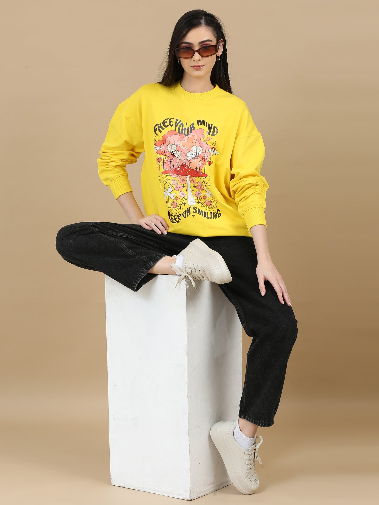 Women Printed Oversized Sweatshirt Pure Cotton Full Sleeve Yellow