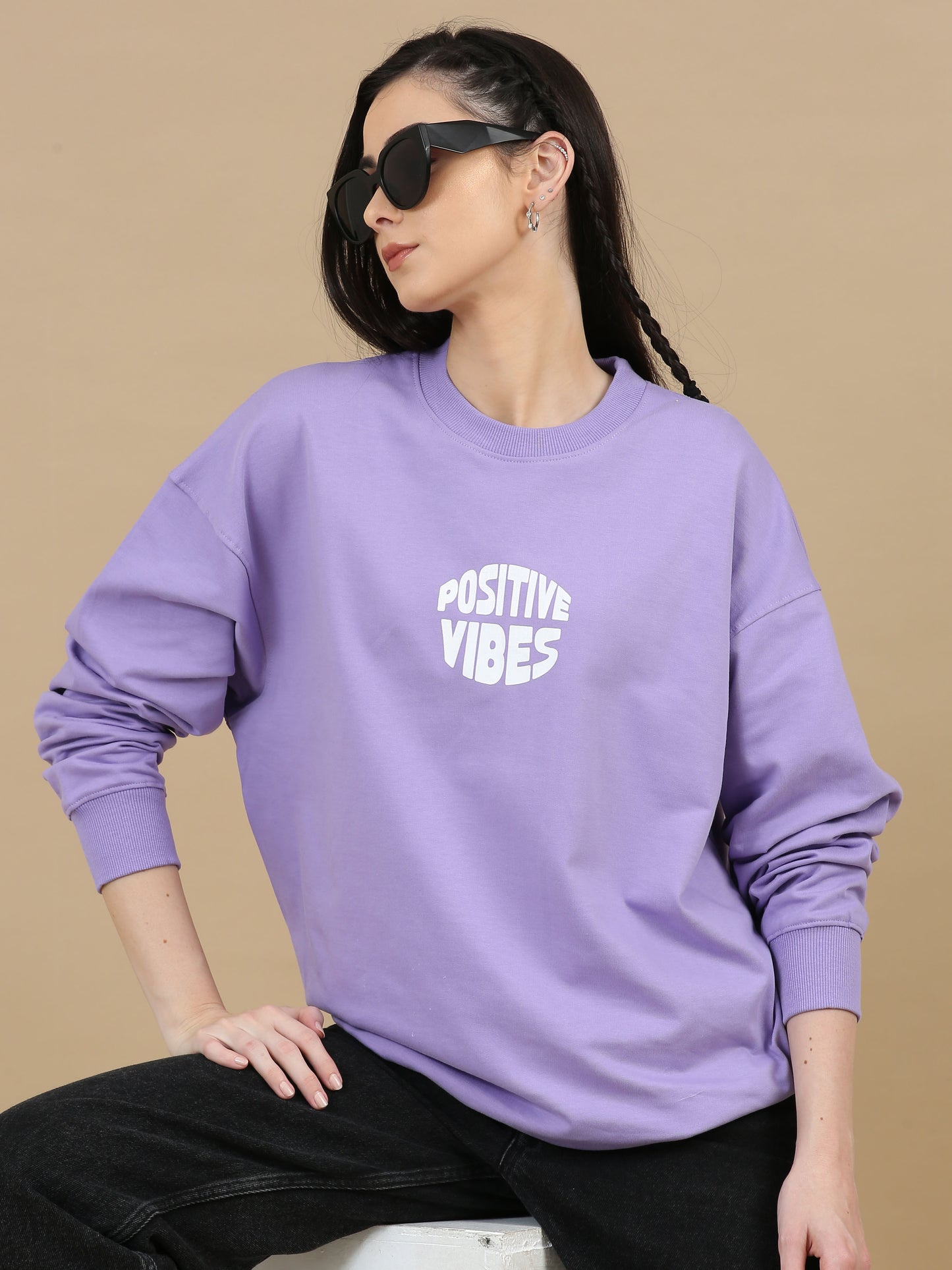 Women Printed Oversized Sweatshirt Pure Cotton Full Sleeve Lavender