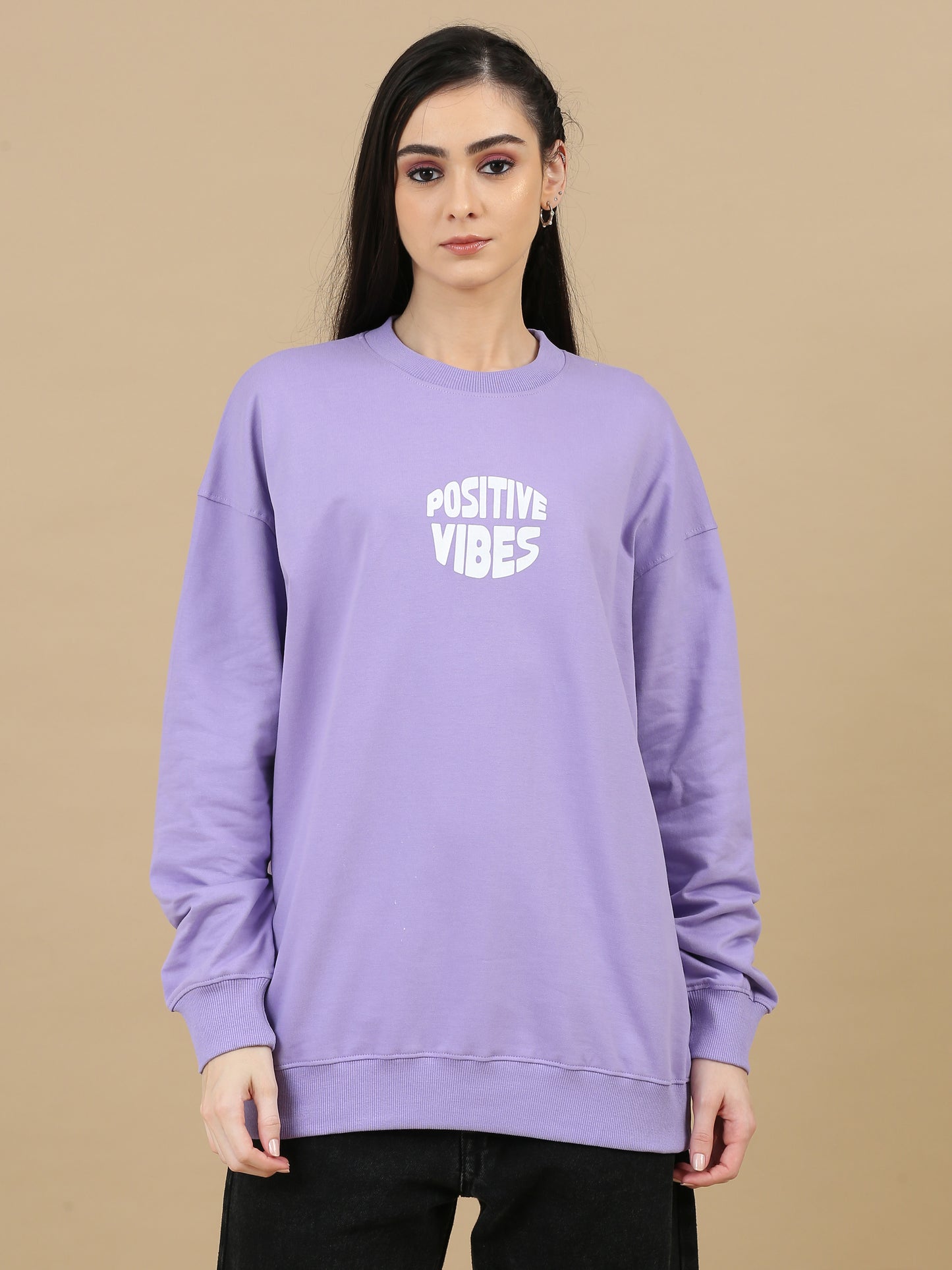 Women Printed Oversized Sweatshirt Pure Cotton Full Sleeve Lavender SILISOUL