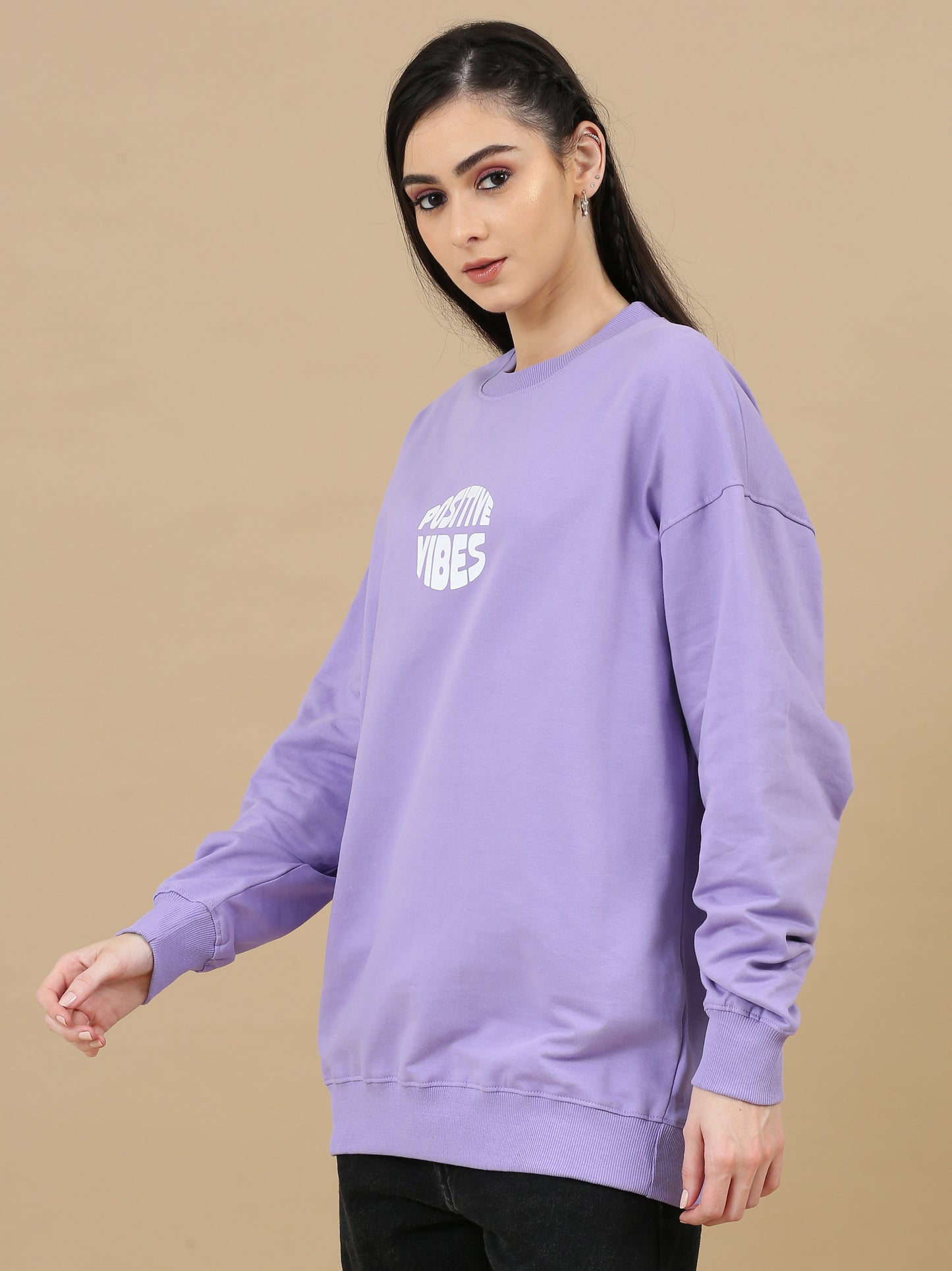 Women Printed Oversized Sweatshirt Pure Cotton Full Sleeve Lavender