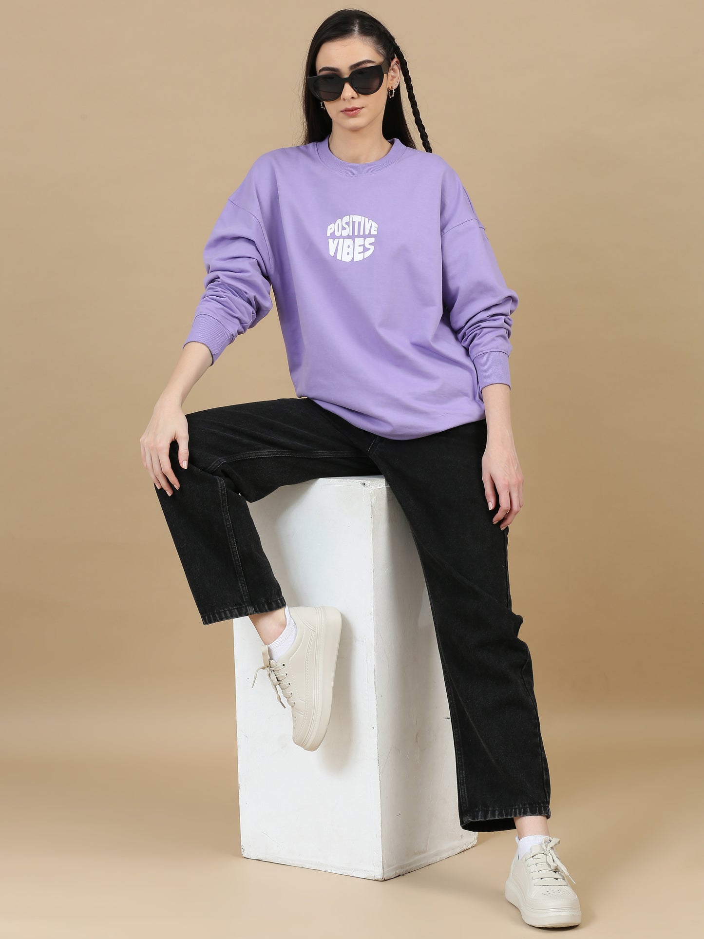 Women Printed Oversized Sweatshirt Pure Cotton Full Sleeve Lavender SILISOUL