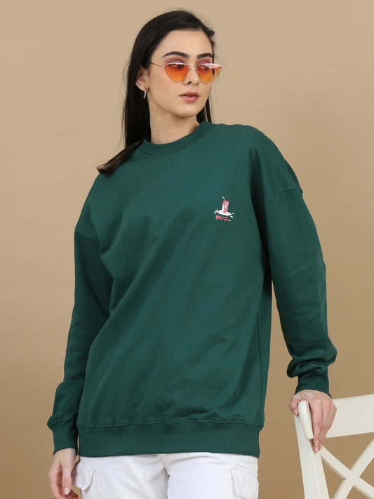 Women Printed Oversized Sweatshirt Pure Cotton Full Sleeve Green