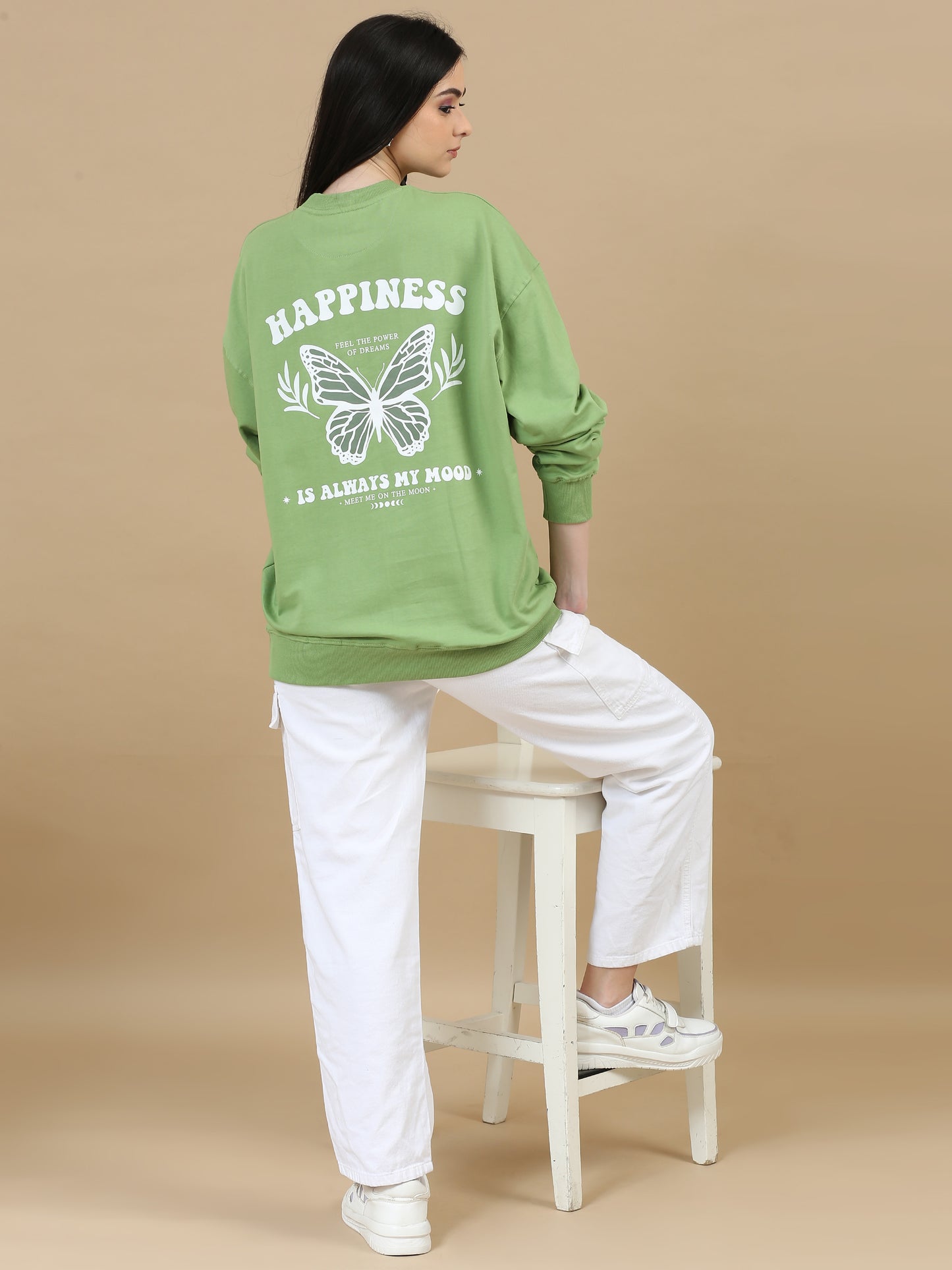 Women Printed Oversized Sweatshirt Pure Cotton Full Sleeve Green