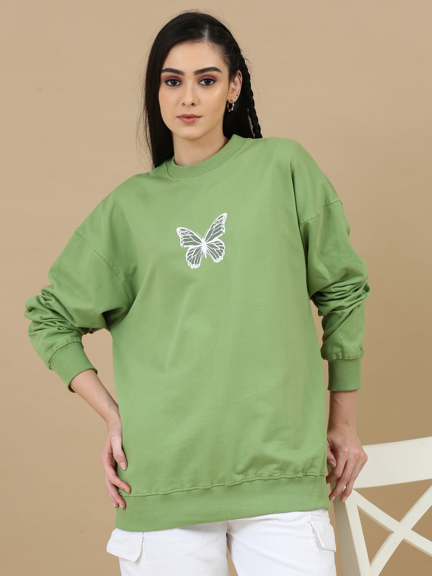 Women Printed Oversized Sweatshirt Pure Cotton Full Sleeve Green