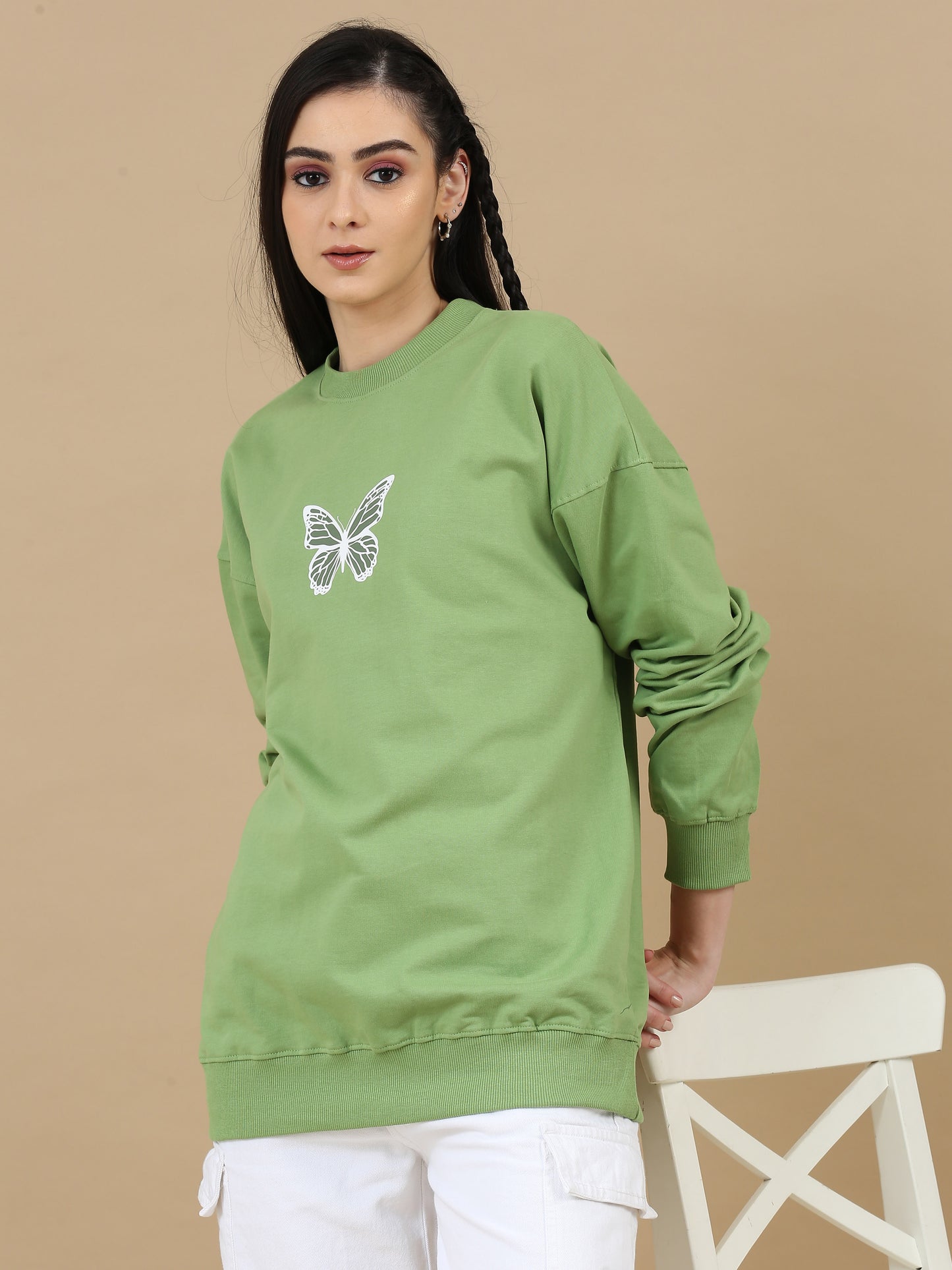 Women Printed Oversized Sweatshirt Pure Cotton Full Sleeve Green