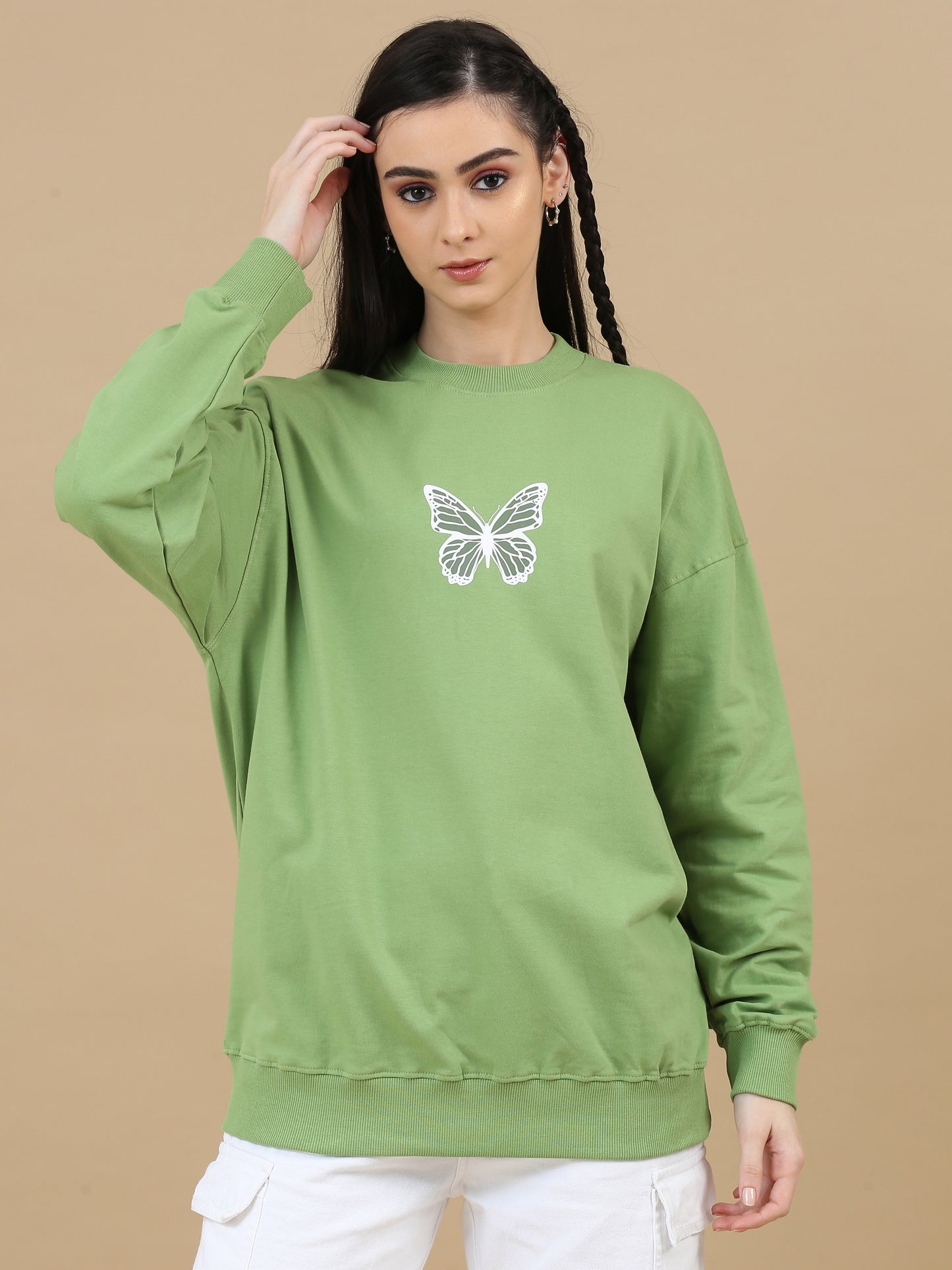 Women Printed Oversized Sweatshirt Pure Cotton Full Sleeve Green