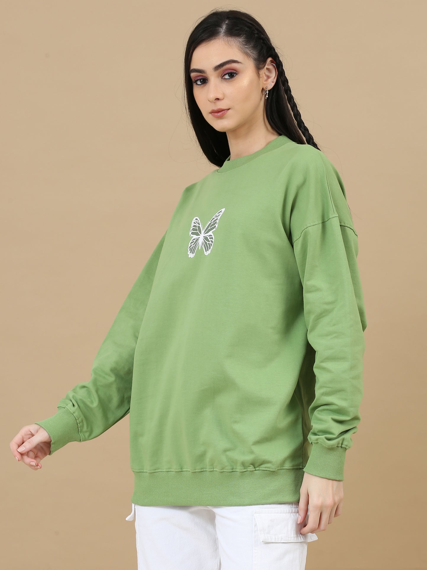 Women Printed Oversized Sweatshirt Pure Cotton Full Sleeve Green