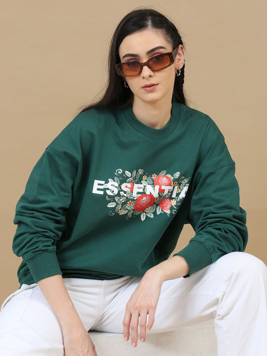 Women Printed Oversized Sweatshirt Pure Cotton Full Sleeve Green