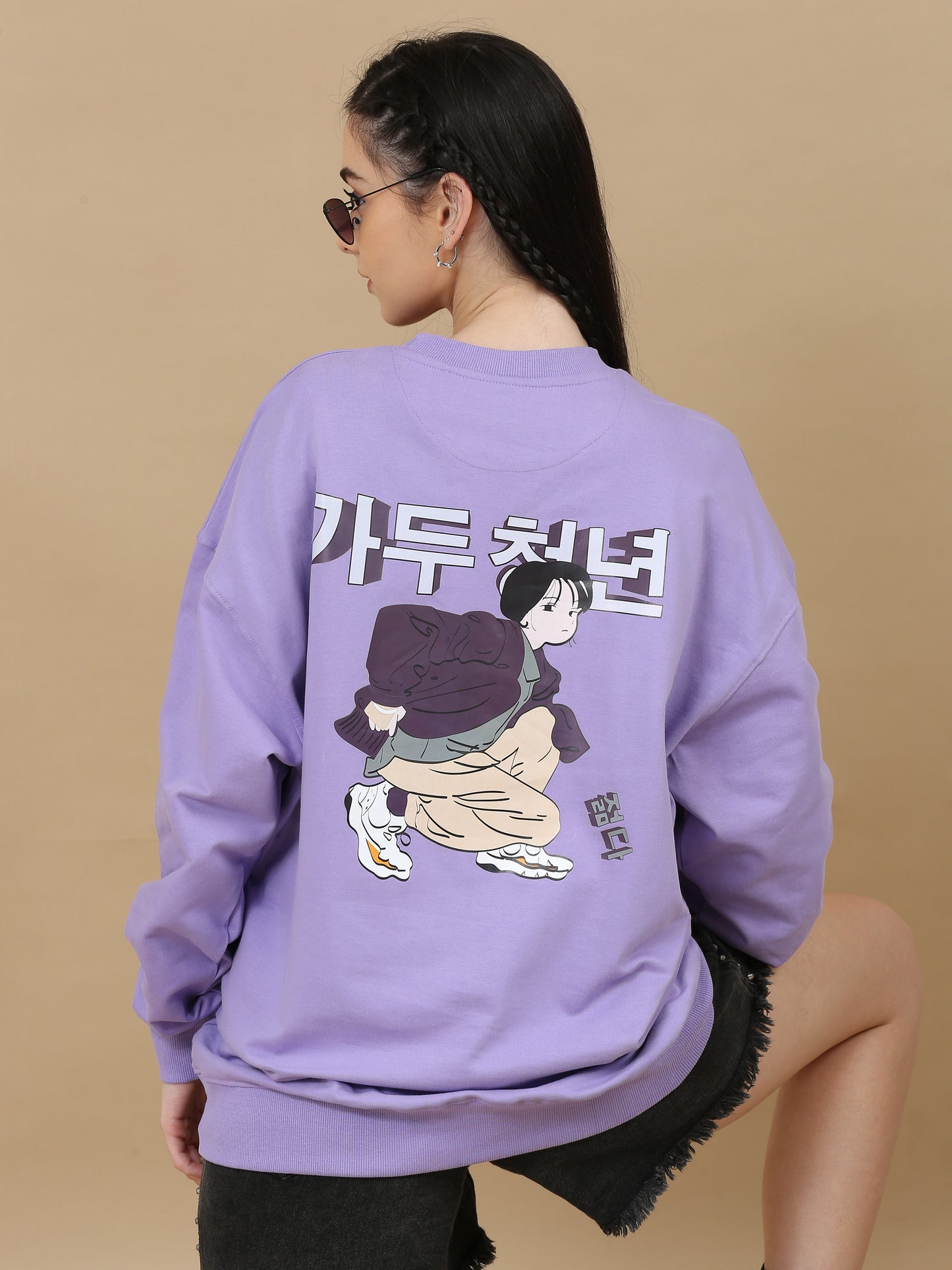 Women Printed Oversized Sweatshirt Pure Cotton Full Sleeve Lavender