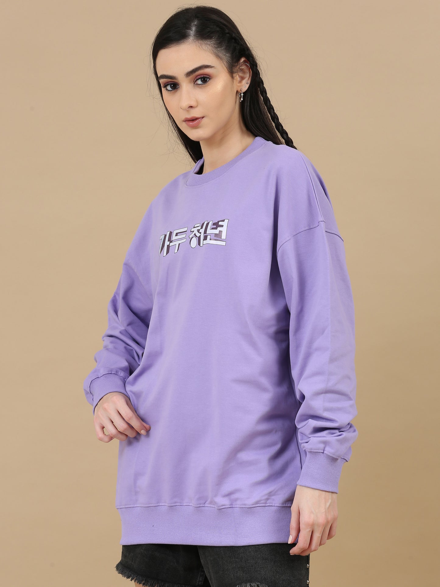 Women Printed Oversized Sweatshirt Pure Cotton Full Sleeve Lavender