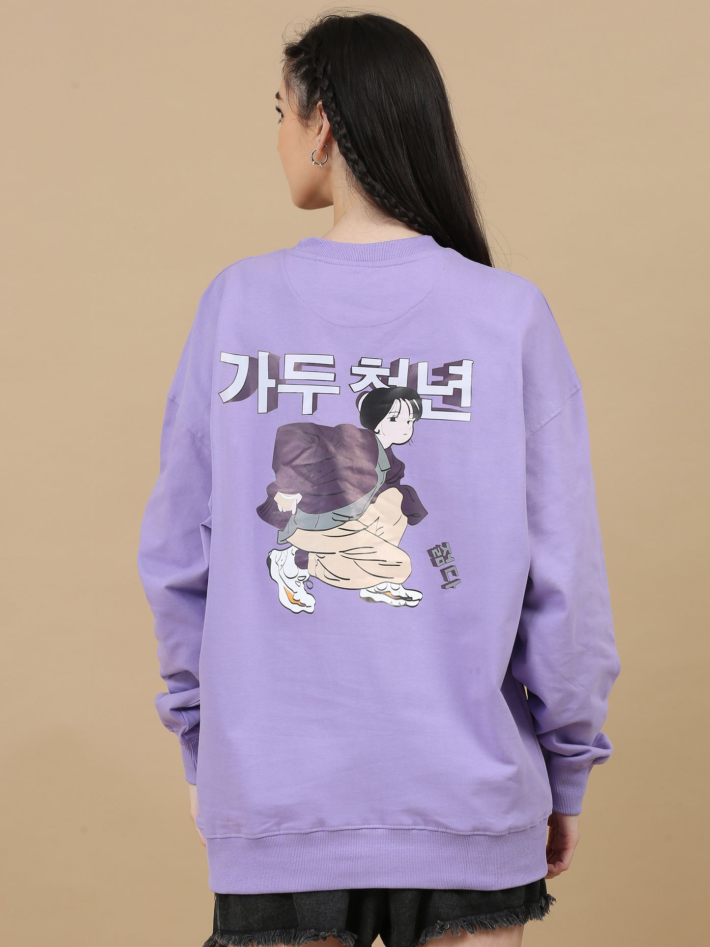 Women Printed Oversized Sweatshirt Pure Cotton Full Sleeve Lavender