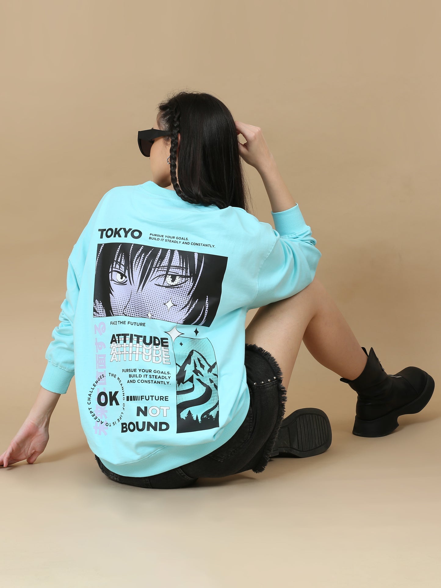 Women Printed Oversized Sweatshirt Pure Cotton Full Sleeve Aqua