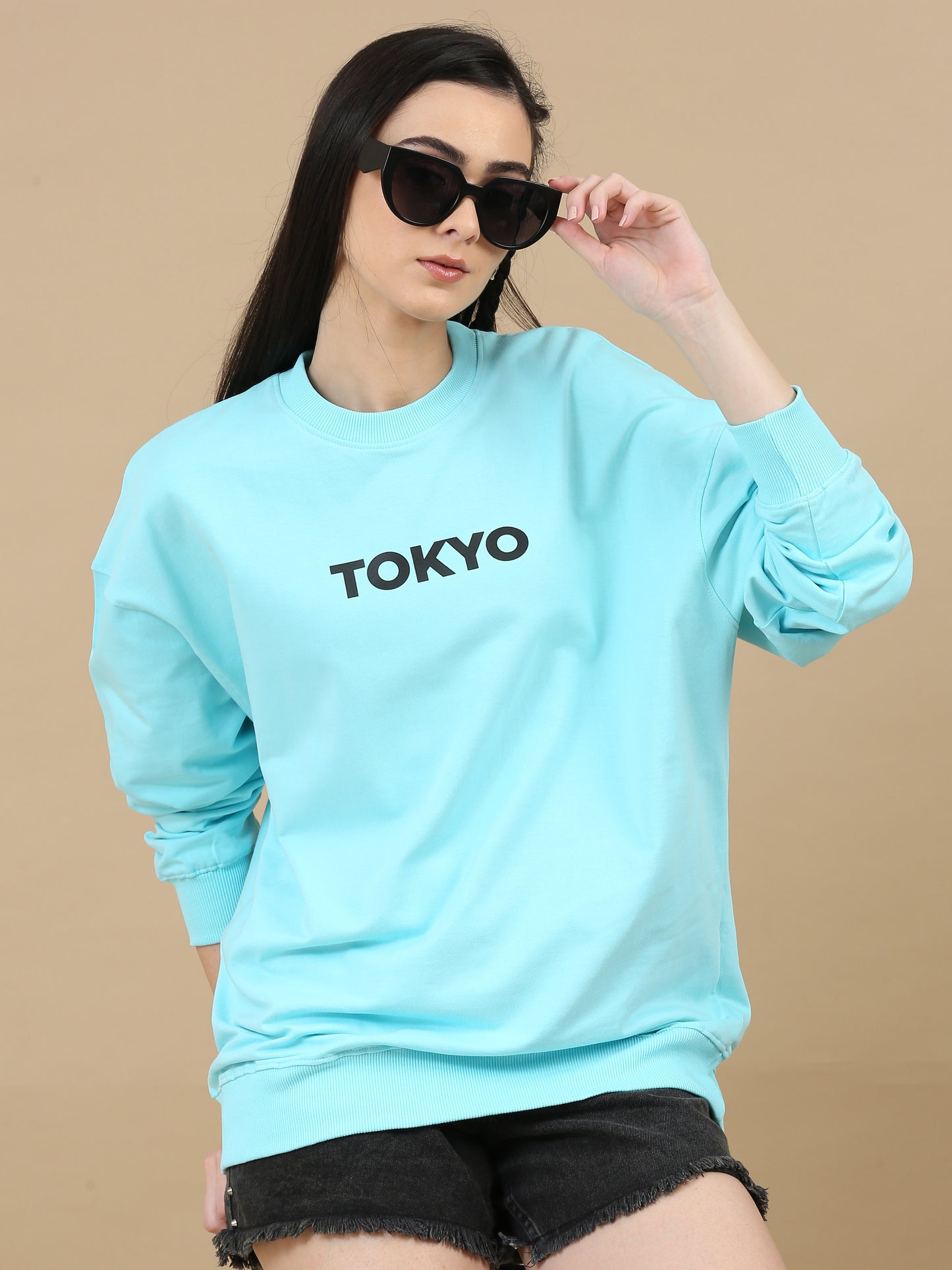 Women Printed Oversized Sweatshirt Pure Cotton Full Sleeve Aqua SILISOUL