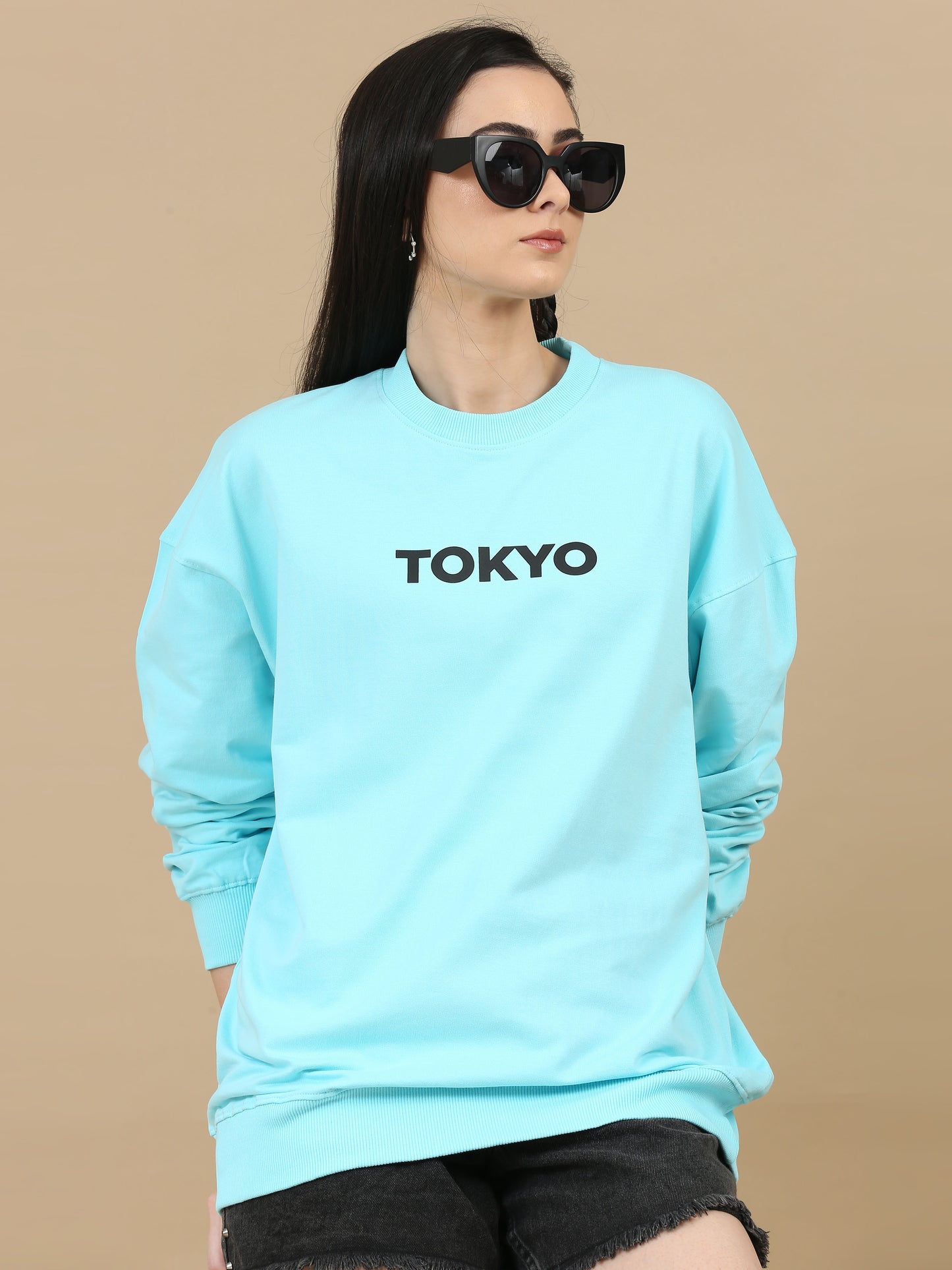 Women Printed Oversized Sweatshirt Pure Cotton Full Sleeve Aqua