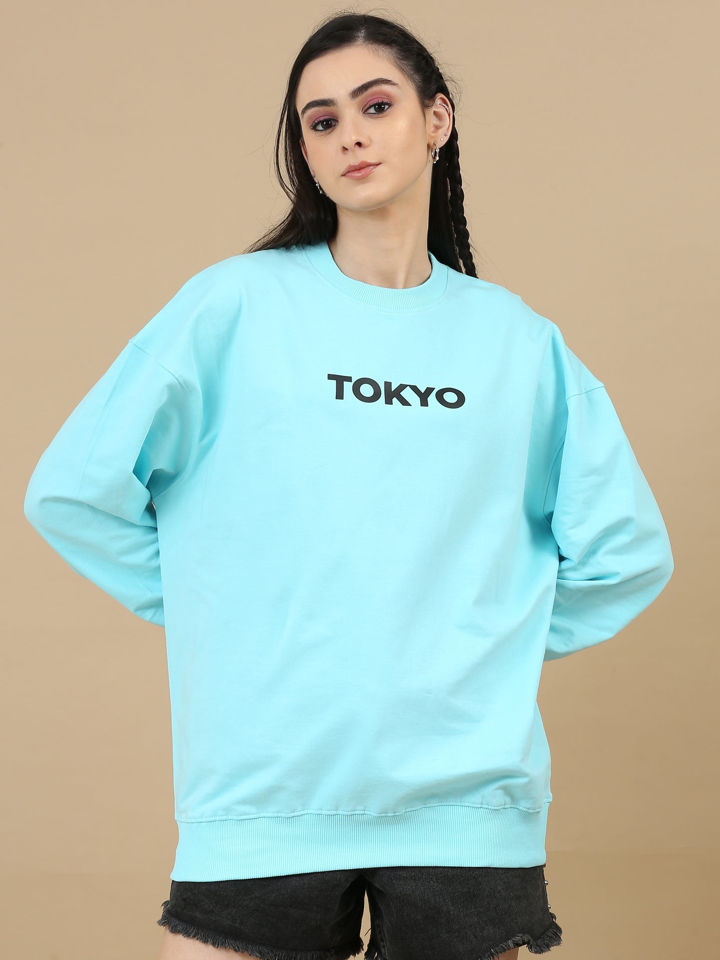 Women Printed Oversized Sweatshirt Pure Cotton Full Sleeve Aqua SILISOUL