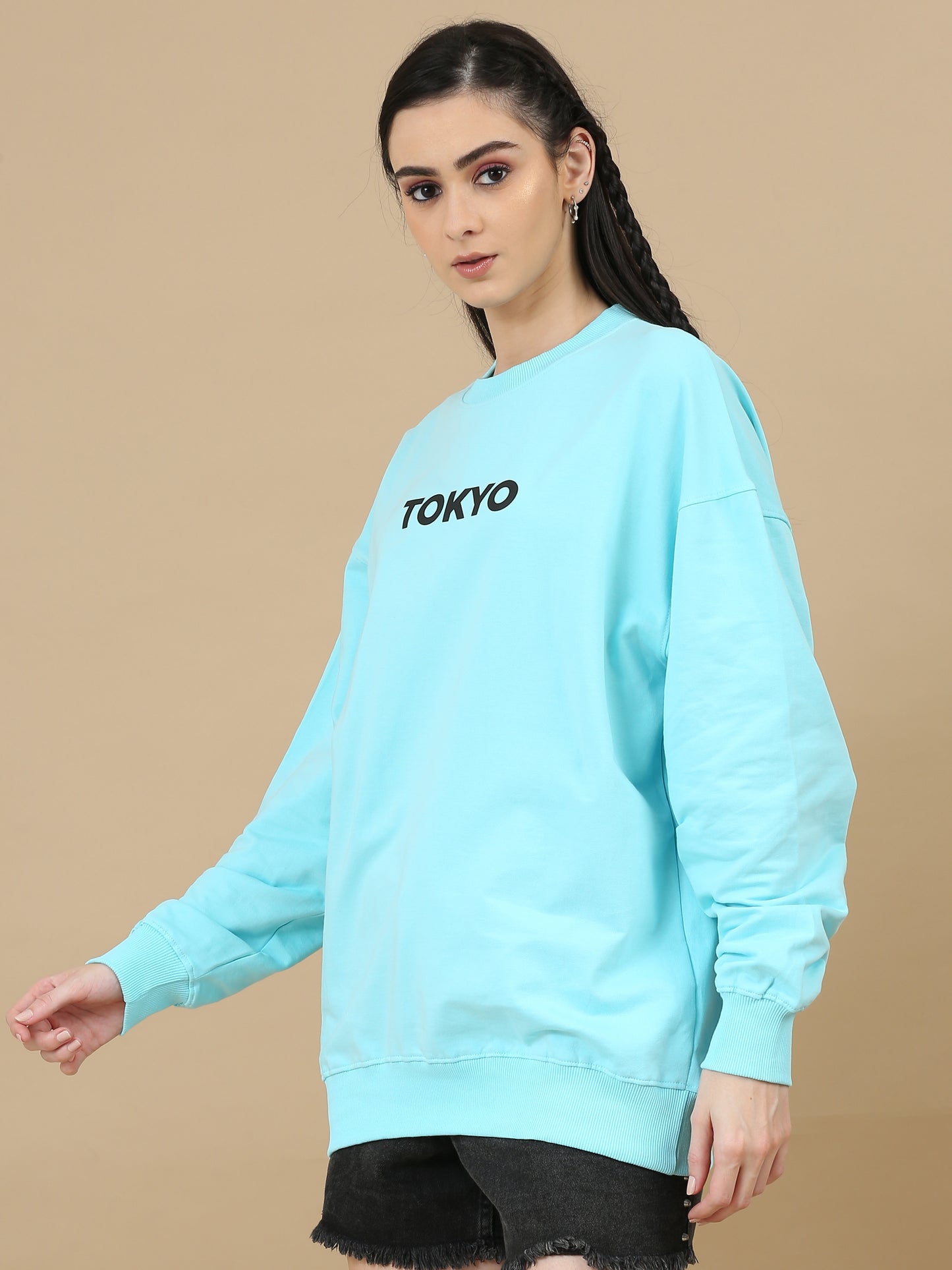 Women Printed Oversized Sweatshirt Pure Cotton Full Sleeve Aqua