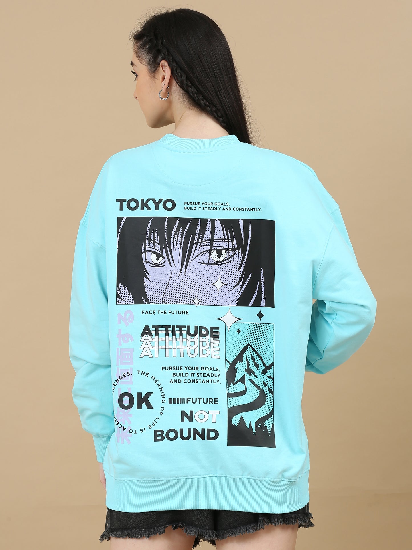 Women Printed Oversized Sweatshirt Pure Cotton Full Sleeve Aqua