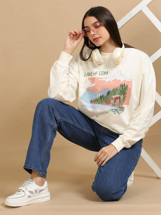 Women Printed Oversized Sweatshirt Pure Cotton Full Sleeve Off White