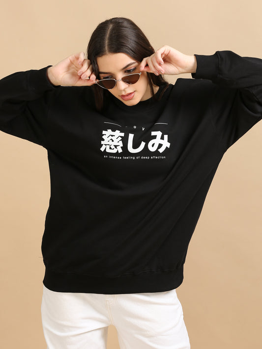 Women Printed Oversized Sweatshirt Pure Cotton Full Sleeve Black