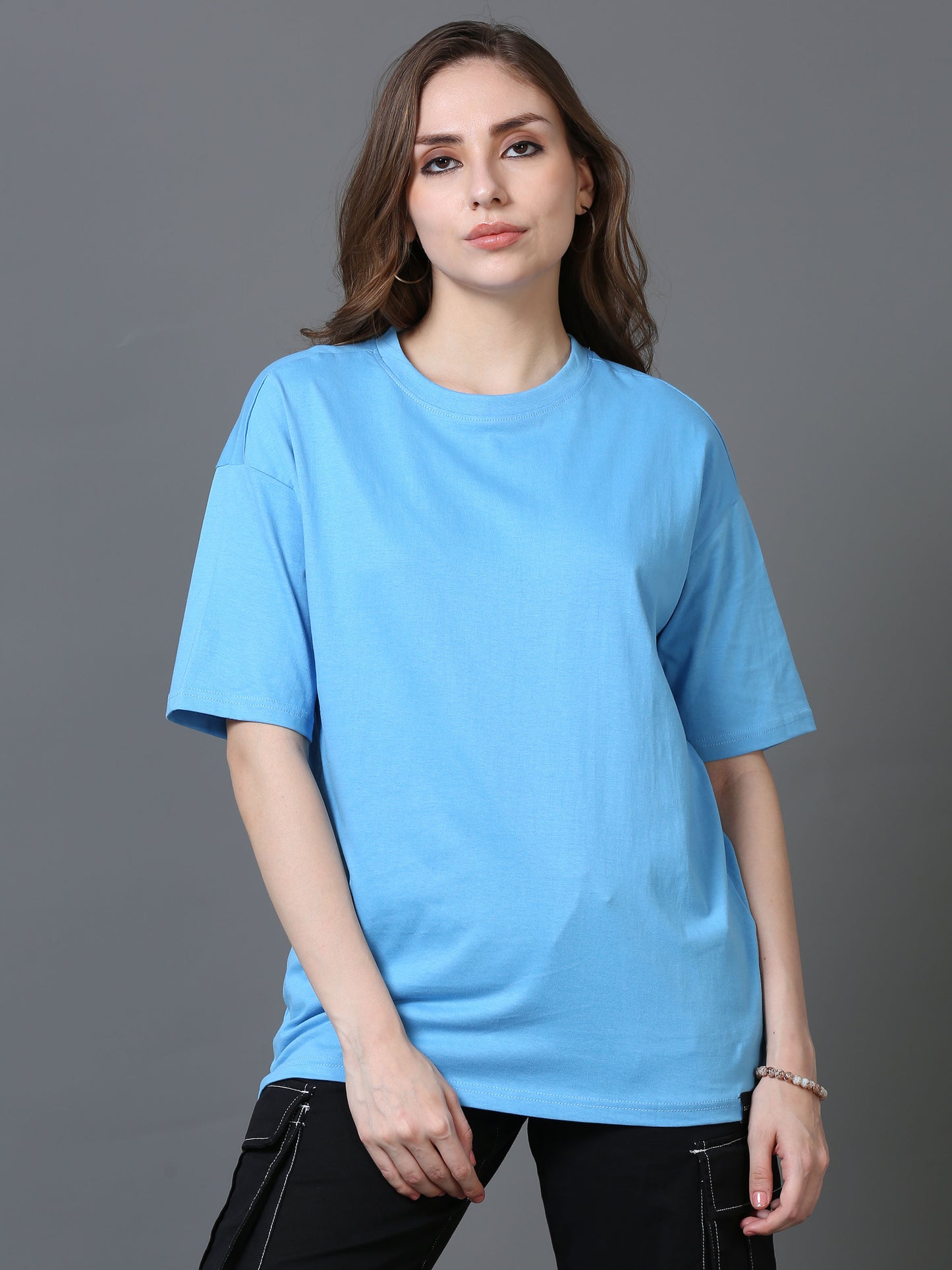 Women Solid Oversized T-Shirt, SKY BLUE