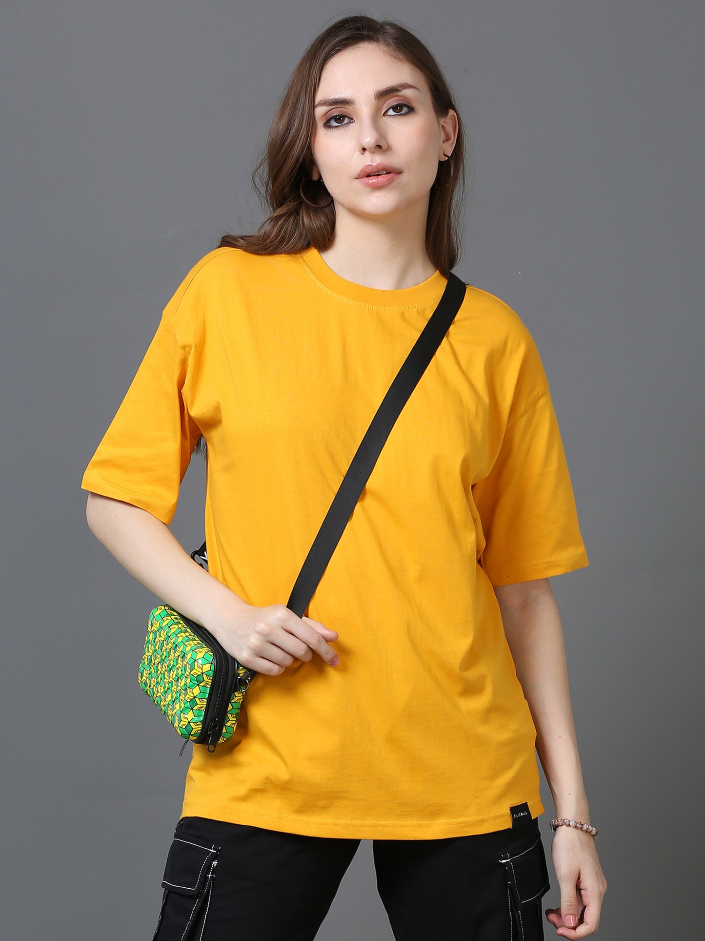 Women Solid Oversized T-Shirt, MUSTARD