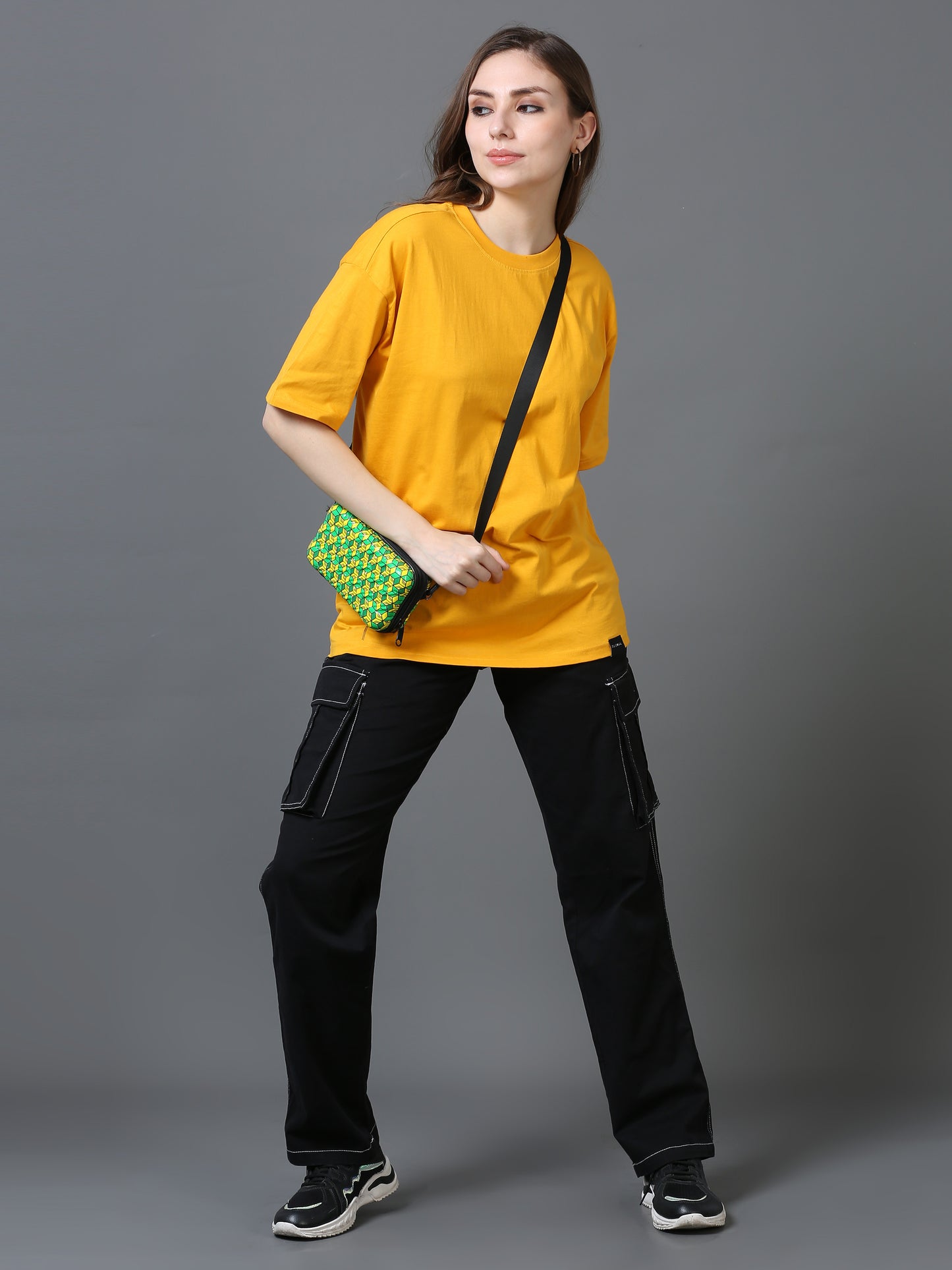 Women Solid Oversized T-Shirt, MUSTARD