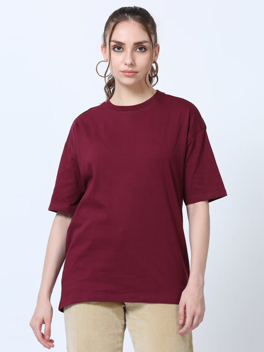 Women Solid Oversized T-Shirt, MAROON