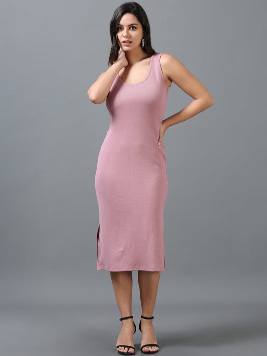 Women Rose Pink Ribbed Viscose Lycra Sleeveless Dress SILISOUL